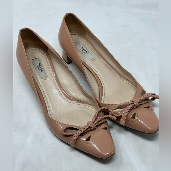 Prada Rose Patent Leather Braided Bow Kitten Heels Size 37 - Picture 1 of 13